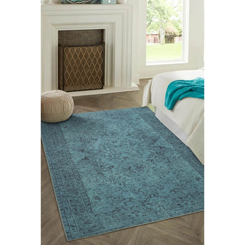 Vintage Cotton Area Rug - Washable Non Slip Turquoise Floor Carpet