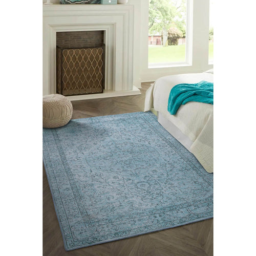 Vintage Cotton Area Rug – Washable Non Slip Turquoise Decorative Floor Carpet