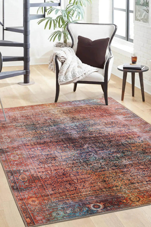 Vintage Area Rug - Washable Non Slip Orange Cotton Carpet for Home Decor