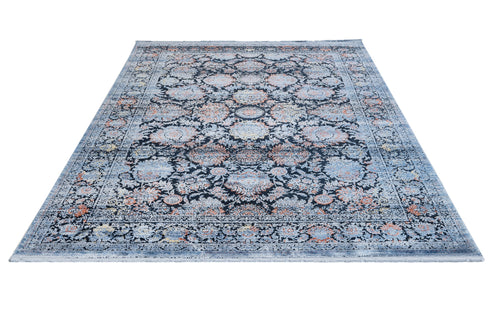 Vintage Viscose Area Rug – Navy Blue Machine Made Rug With Fringed Edge