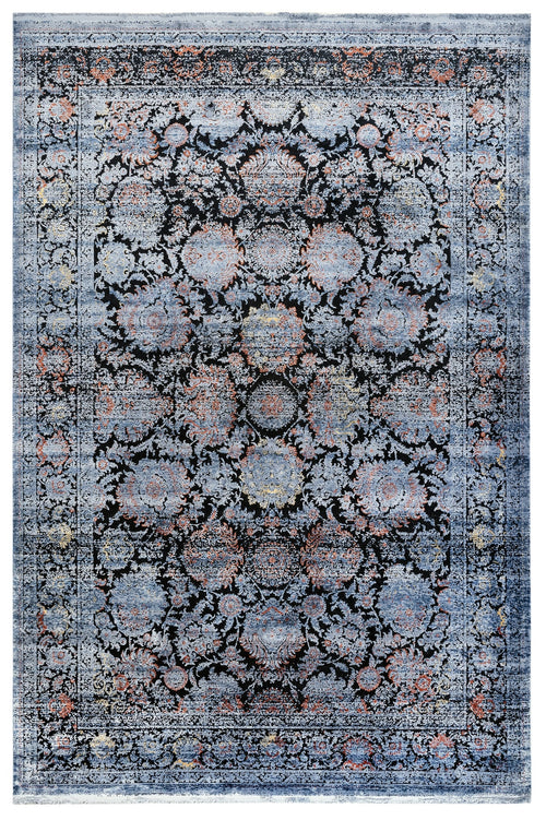 Vintage Viscose Area Rug – Navy Blue Machine Made Rug With Fringed Edge