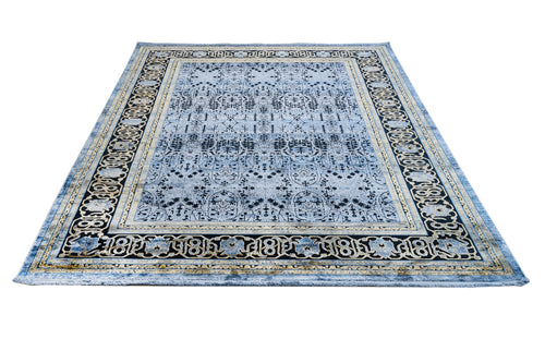 Vintage Viscose Area Rug – Blue Machine Made Rug with Fringed Edges