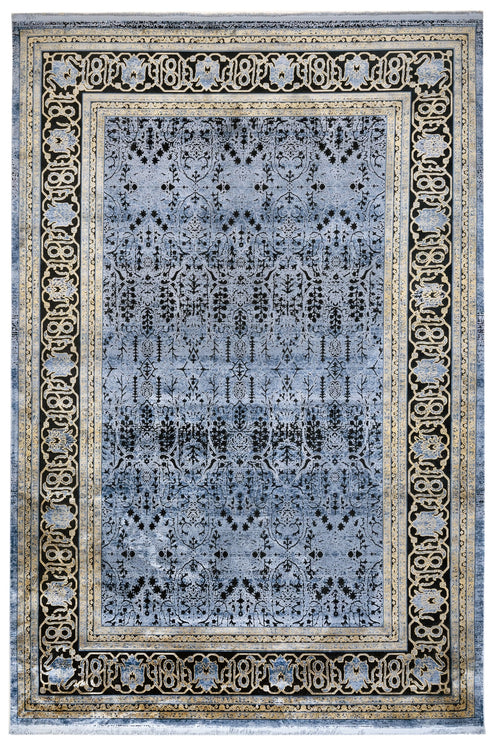 Vintage Viscose Area Rug – Blue Machine Made Rug with Fringed Edges