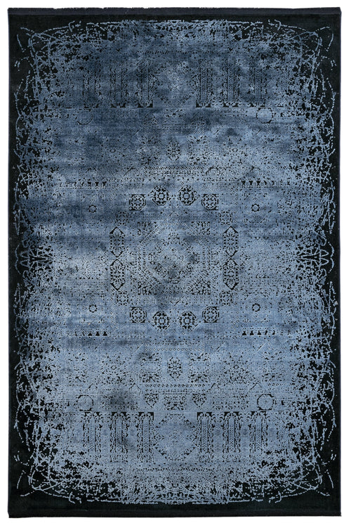 Vintage Viscose Area Rug – Navy Blue Machine Made Rug with Fringed Edge