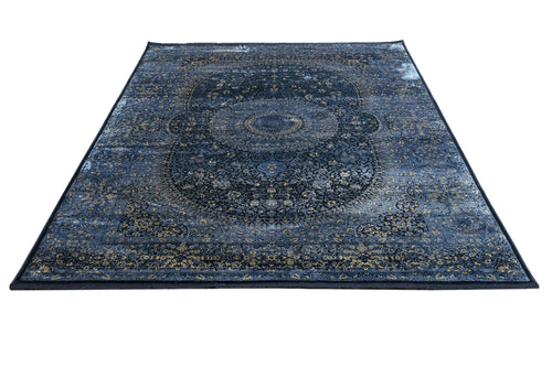Vintage Viscose Area Rug – Navy Blue Machine Made Rug with Fringed Edges for Living Room