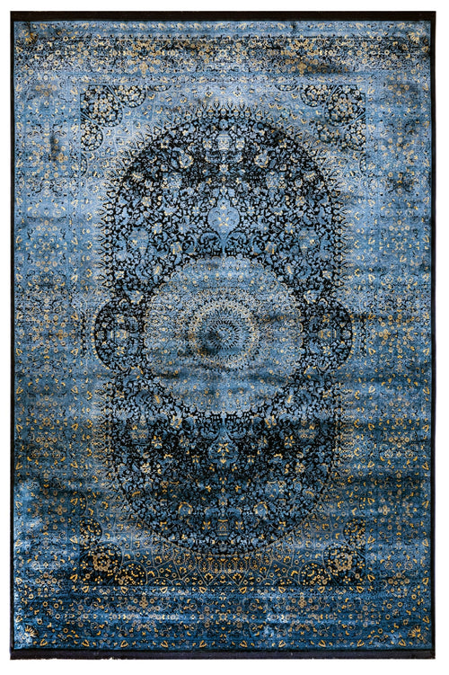 Vintage Viscose Area Rug – Navy Blue Machine Made Rug with Fringed Edges for Living Room