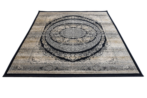 Vintage Viscose Area Rug – Black Machine Made Rug with Fringed Edges, Stylish Home Carpet