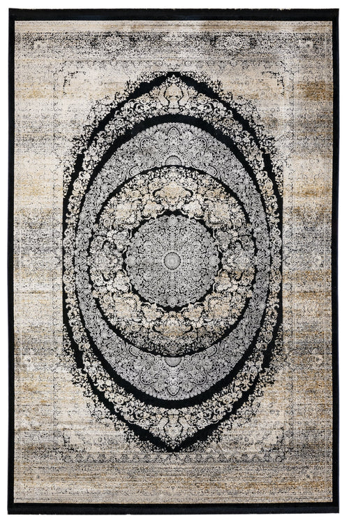 Vintage Viscose Area Rug – Black Machine Made Rug with Fringed Edges, Stylish Home Carpet