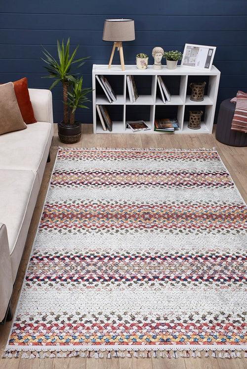 Kartuzy Cream Striped Digital Print Area Rug