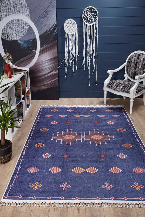 Navy Geometric Area Rug – Digital Print, Non Slip, Antibacterial Carpet