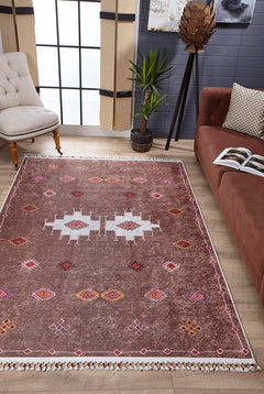 Brown Geometric Area Rug – Digital Print Non Slip Carpet for Living Room