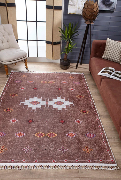 Brown Geometric Area Rug – Digital Print Non Slip Carpet for Living Room