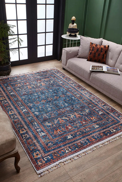 Blue Frame Area Rug – Non Slip Carpet With Antibacterial Digital Print Design