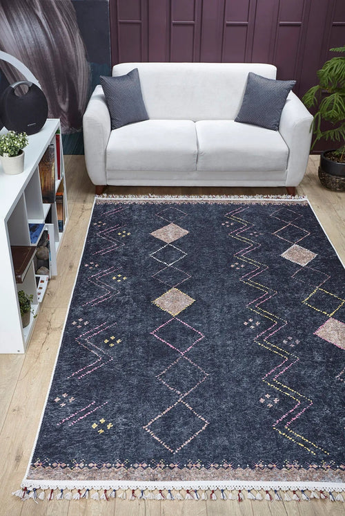 Navy Geometric Area Rug – Digital Print, Non Slip, Washable Carpet for Living Room