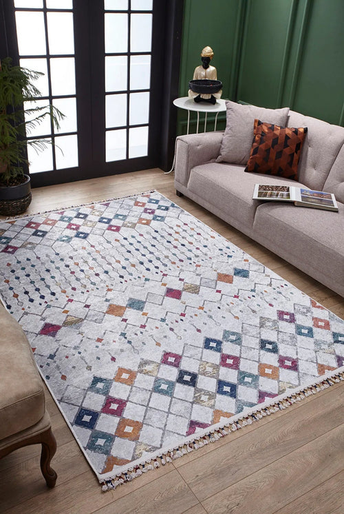 Grey Geometric Area Rug - Digital Print Non Slip Carpet for Living Room