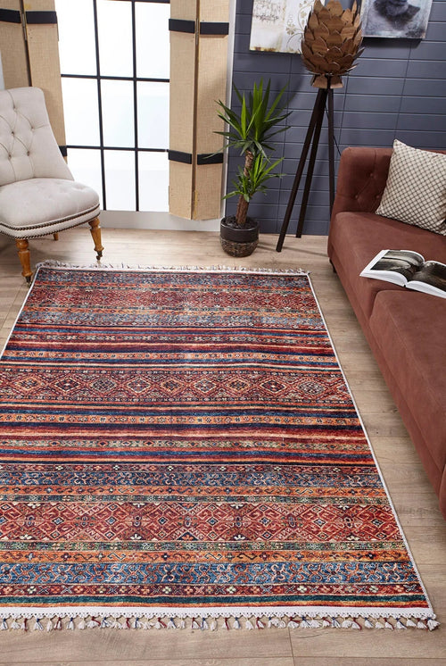 Red Striped Area Rug | Non Slip Rug With Digital Print Carpet - Antibacterial, Dust Free