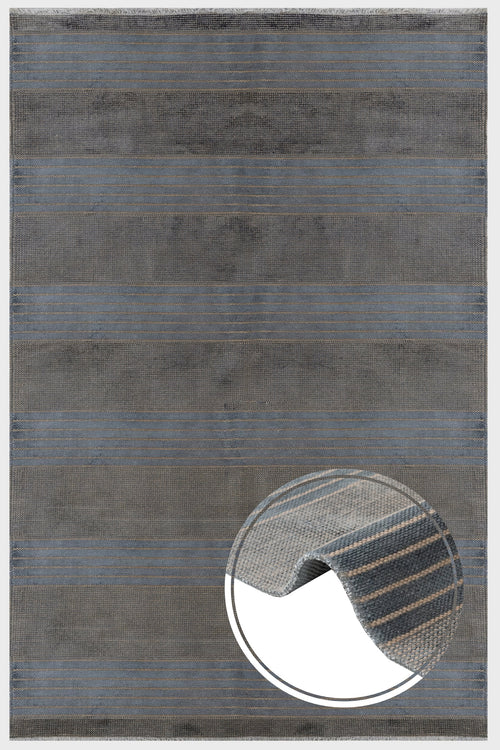 Modern Viscose Area Rug – Machine Made Anthracite Carpet with Fringed Edges