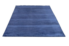 Navy Viscose Area Rug – Modern Machine Made Carpet With Fringed Edges
