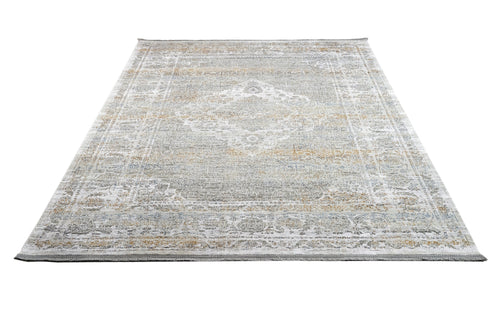 Vintage Viscose Area Rug – Grey Machine Made Rug with Fringed Edges for Living Room