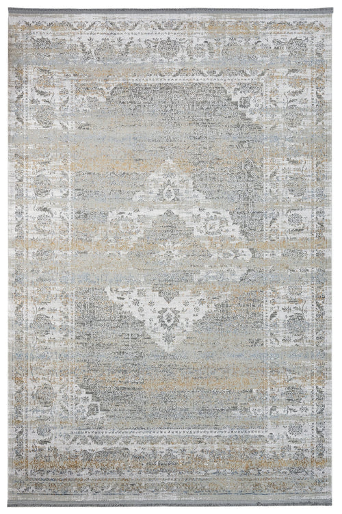Vintage Viscose Area Rug – Grey Machine Made Rug with Fringed Edges for Living Room