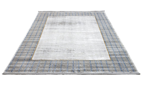 Viscose Area Rug – Machine Made Grey Frame Carpet with Fringed Edges