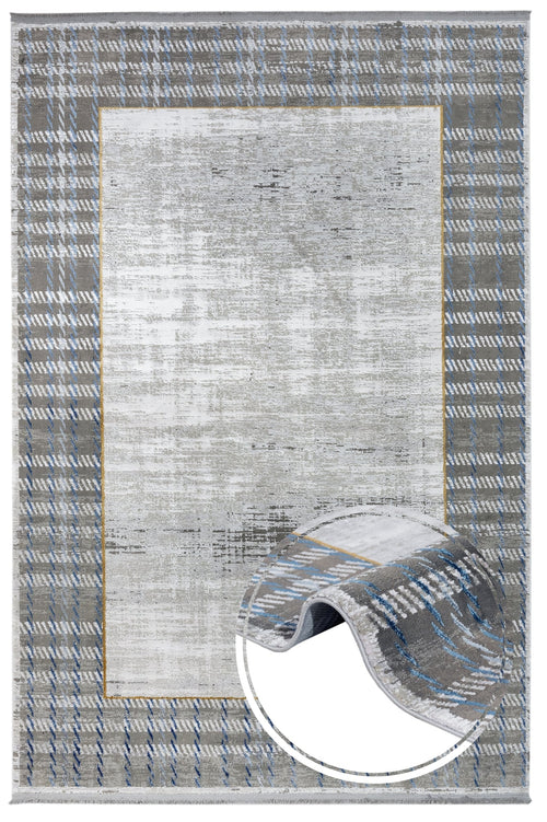 Viscose Area Rug – Machine Made Grey Frame Carpet with Fringed Edges