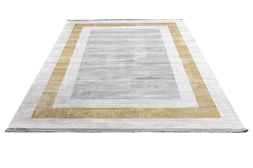 Viscose Area Rug - Machine Made Grey Frame Carpet with Fringed Edges for Living Room
