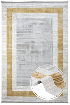 Viscose Area Rug - Machine Made Grey Frame Carpet with Fringed Edges for Living Room