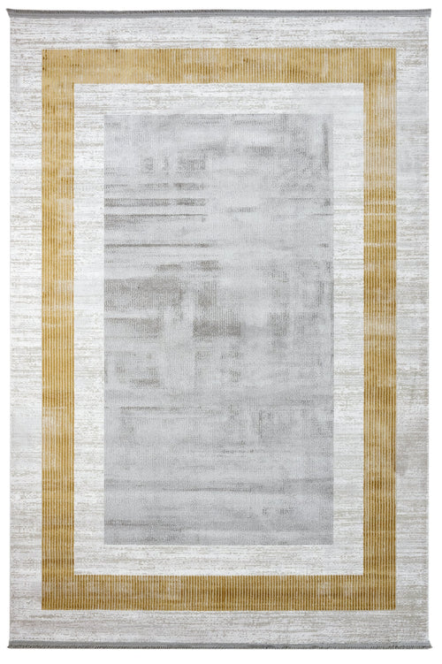 Viscose Area Rug - Machine Made Grey Frame Carpet with Fringed Edges for Living Room