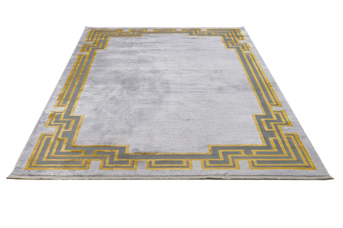 Viscose Area Rug – Grey Frame Rug with Fringed Edge for Living Room Decor