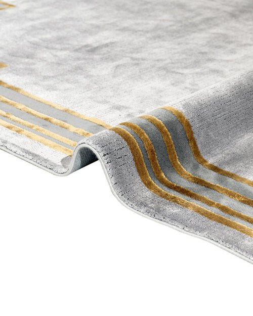 Viscose Area Rug – Grey Frame Rug with Fringed Edge for Living Room Decor