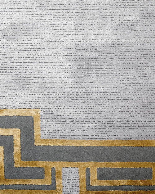 Viscose Area Rug – Grey Frame Rug with Fringed Edge for Living Room Decor