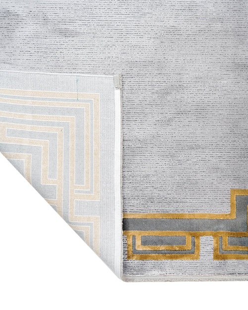 Viscose Area Rug – Grey Frame Rug with Fringed Edge for Living Room Decor
