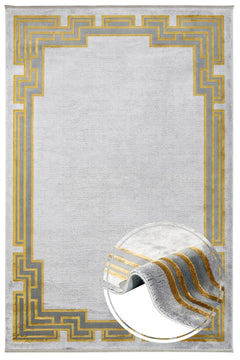 Viscose Area Rug – Grey Frame Rug with Fringed Edge for Living Room Decor