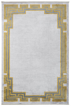 Viscose Area Rug – Grey Frame Rug with Fringed Edge for Living Room Decor