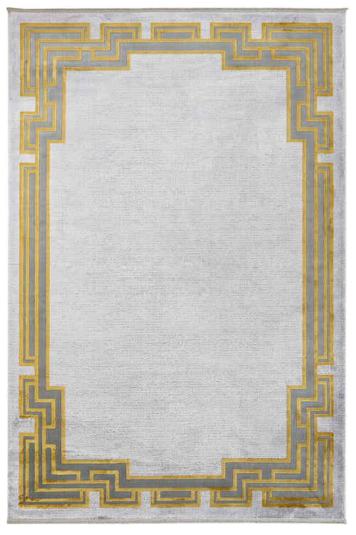Viscose Area Rug – Grey Frame Rug with Fringed Edge for Living Room Decor