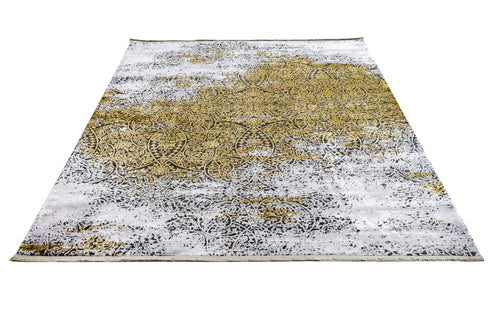 Vintage Viscose Area Rug – Machine Made Gold Rug with Fringed Edges