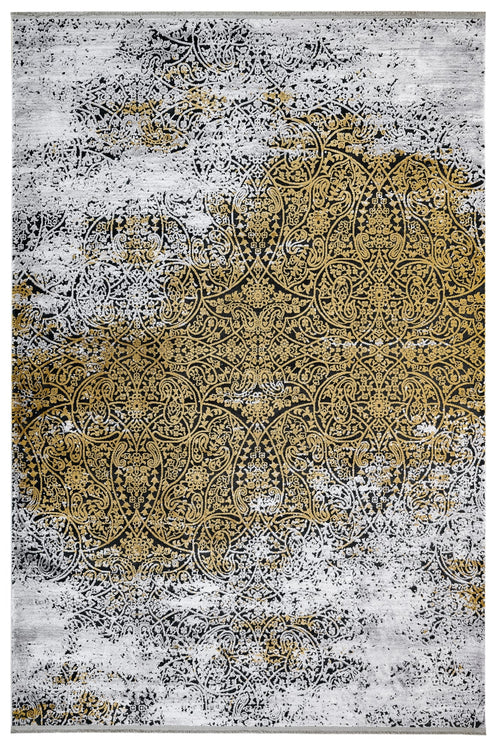 Vintage Viscose Area Rug – Machine Made Gold Rug with Fringed Edges