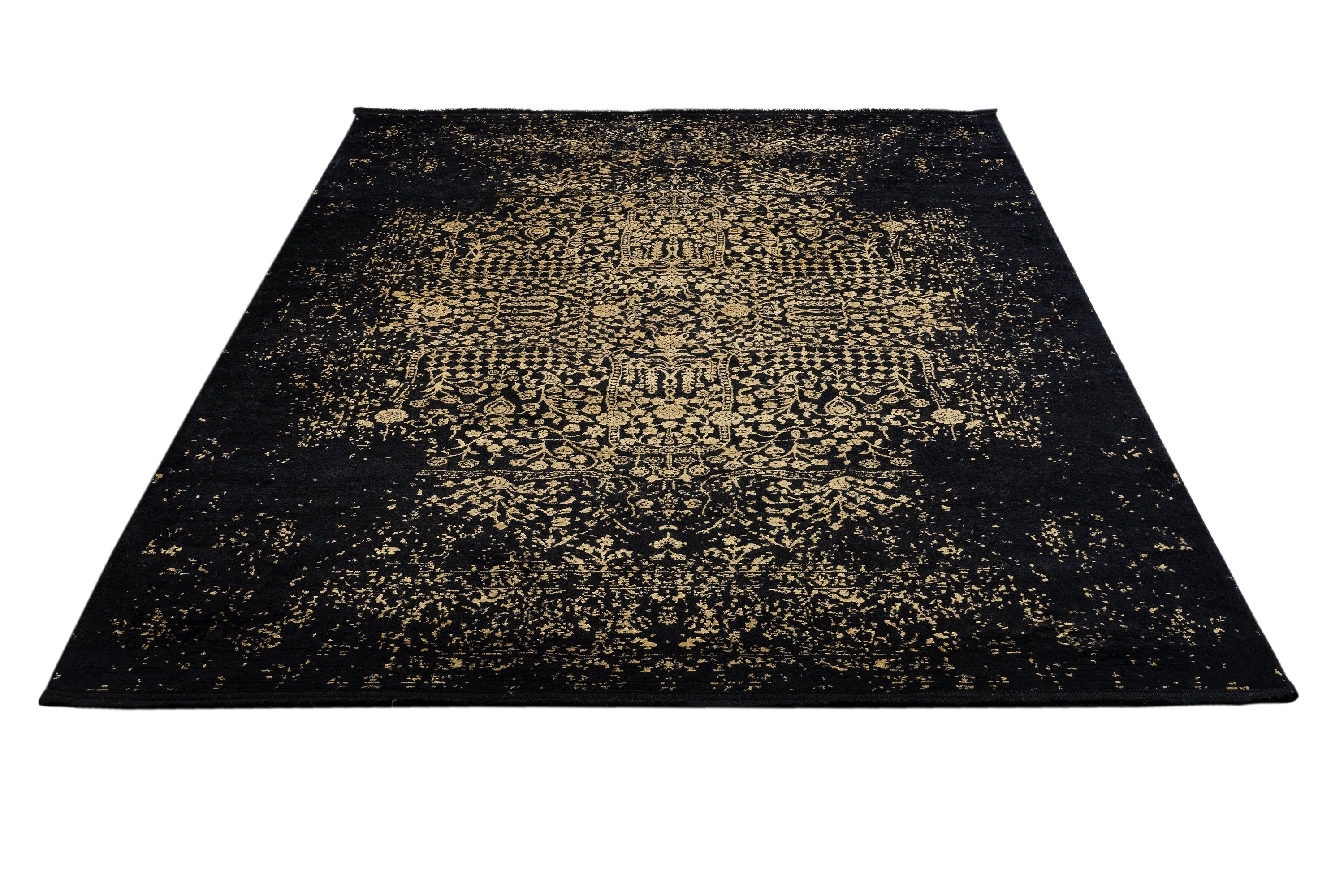 Vintage Viscose Area Rug – Black Machine Made Rug with Fringed Edges