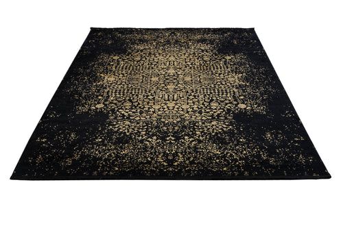Vintage Viscose Area Rug – Black Machine Made Rug with Fringed Edges