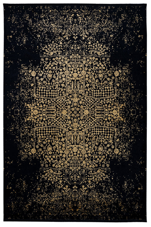 Vintage Viscose Area Rug – Black Machine Made Rug with Fringed Edges