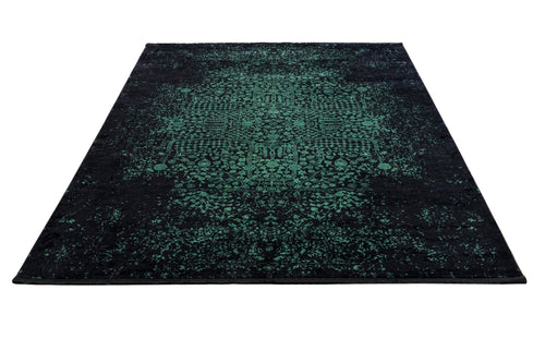 Vintage Viscose Area Rug – Machine Made Green Carpet with Fringed Edges