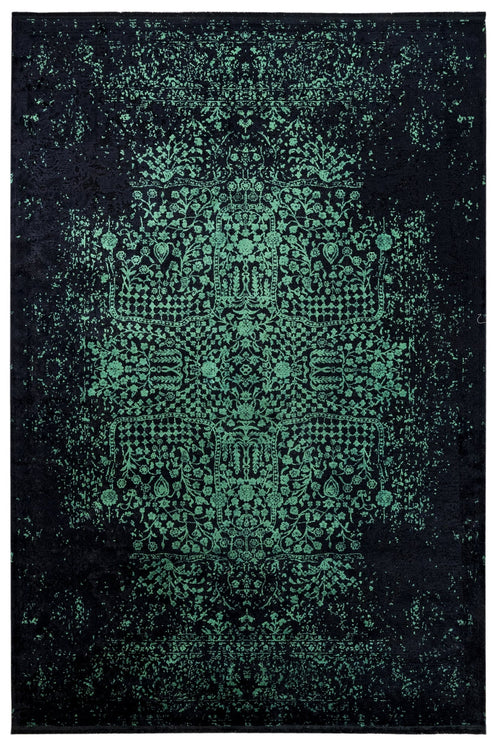 Vintage Viscose Area Rug – Machine Made Green Carpet with Fringed Edges