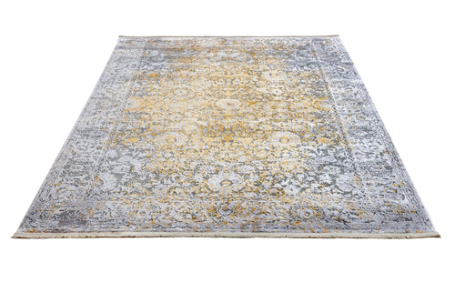 Vintage Viscose Area Rug – Gold Machine Made Rug with Fringed Edges by Artemis