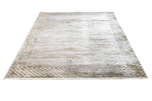 Gold Frame Area Rug – Machine Made Viscose Carpet with Fringed Edges