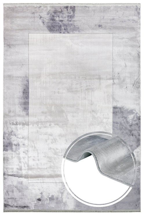 Viscose Area Rug – Machine Made Rug With Grey Frame & Fringed Edge for Living Room