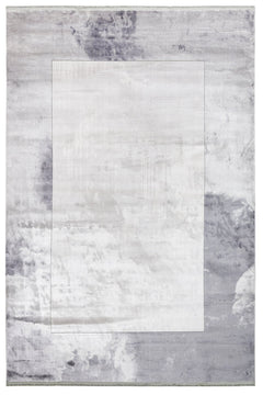 Viscose Area Rug – Machine Made Rug With Grey Frame & Fringed Edge for Living Room
