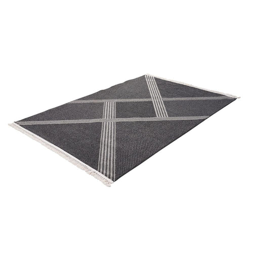 Anthracite Geometric Rug – Machine Made Flatweave Area Floor Carpet for Living Room