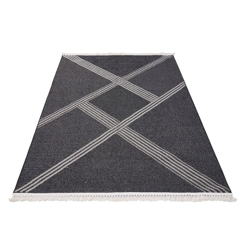 Anthracite Geometric Rug – Machine Made Flatweave Area Floor Carpet for Living Room