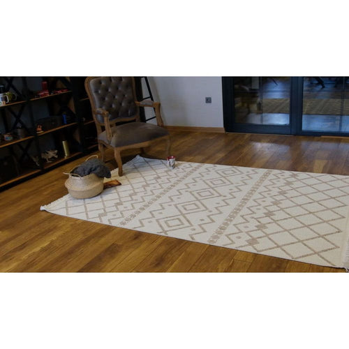 Geometric Area Rug – Machine Made Cream Bohemian Carpet with Ethnic Pattern